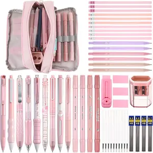 56 Pcs Aesthetic Supplies with Large Capacity Pencil Case Ballpoint Pens Highlighters Mechanical Pencils Eraser Pencils Sharpen