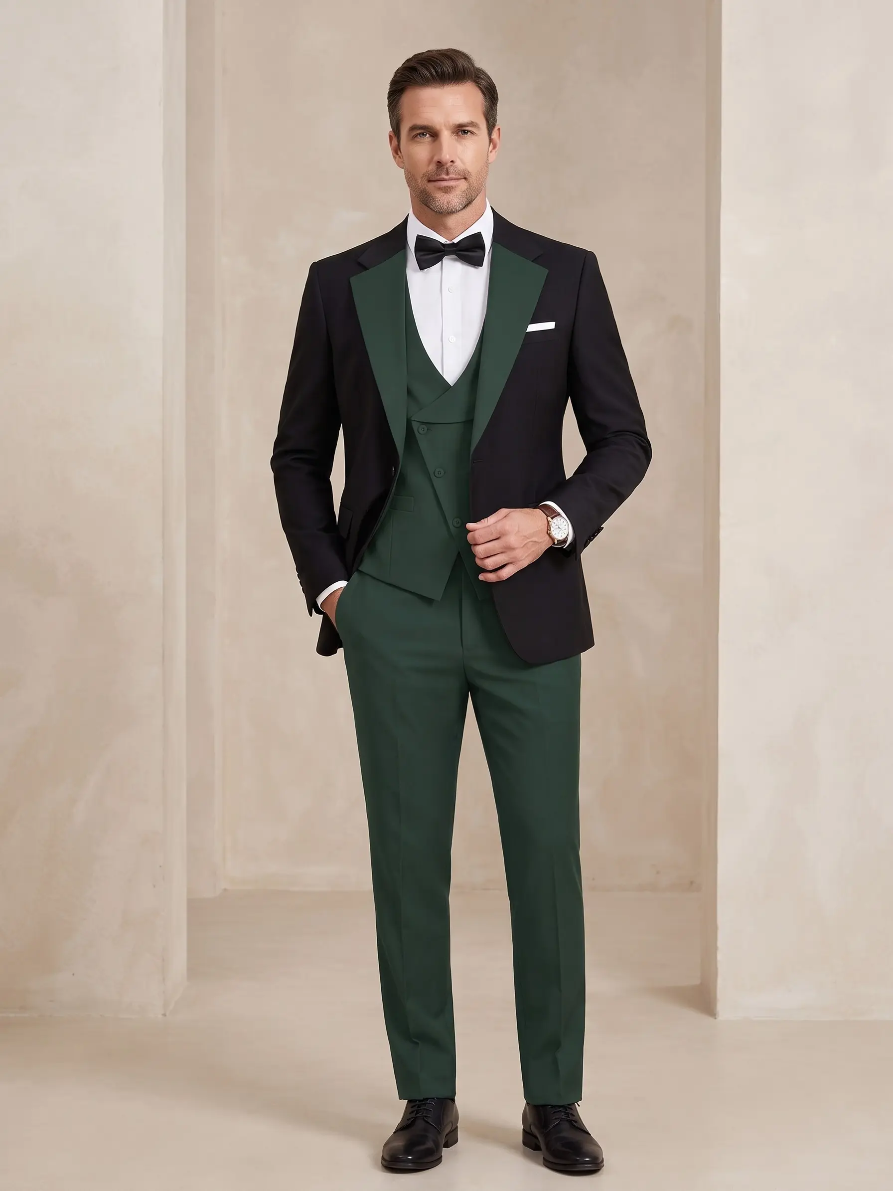 Men's Black 3-Piece Slim Fit Tuxedo Suit Set - Chic Vintage Formal Wear with Long Sleeve V-Neck Button Jacket, Customized Menswear for Weddings, Prom, Parties