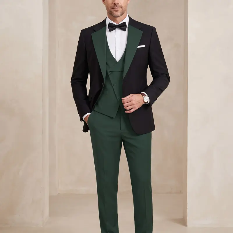 Men's Black 3-Piece Slim Fit Tuxedo Suit Set - Chic Vintage Formal Long Sleeve V-Neck Button Jacket, Customized Menswear for Weddings, Prom, Evening, Party