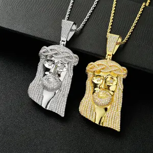 Men's Luxury Ice Cube Jesus Head Pendant - Gold/Silver Plated - Men's Streetwear, Fully Inlaid with Zirconia, Hip-Hop Jewelry Gift for Boyfriend