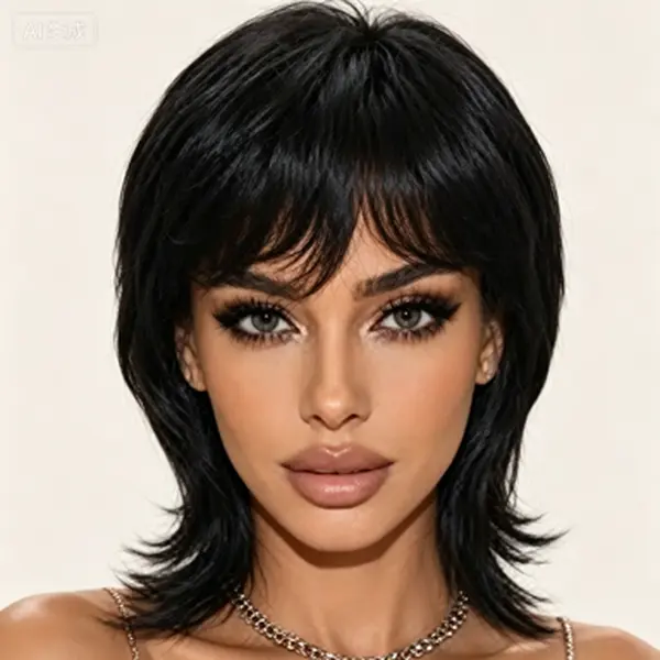 Women's 100% Human Hair Black Wolf Cut Wig with Bangs - 150% Density Short Layered Mullet, Glueless, Natural Hairline, Full Machine Wig, Glueless Wigs, Black Wig