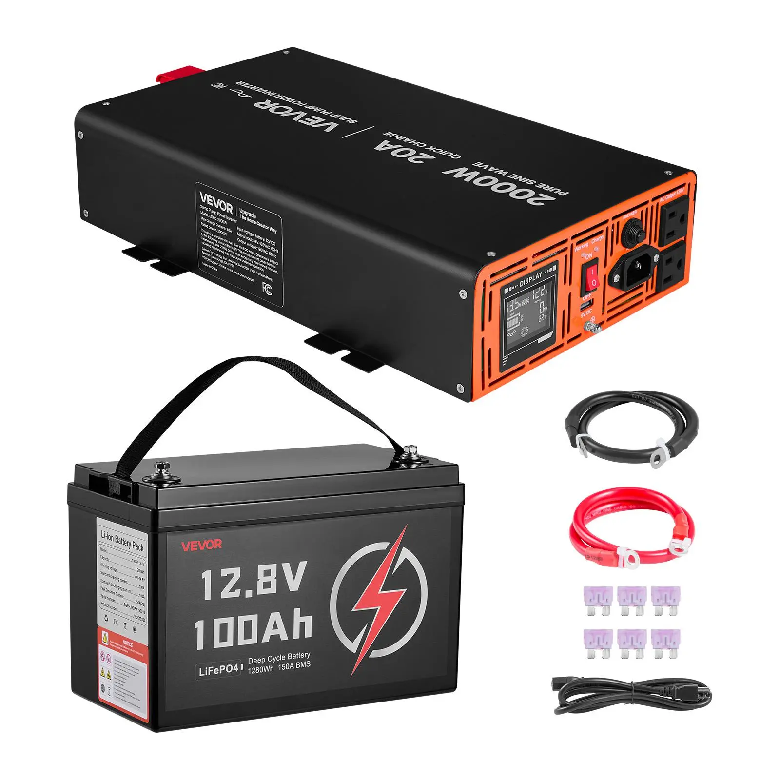 【DealsForYouDays】VEVOR Sump Pump Battery Bundle, 2000W Backup Power System with 100 Ah Lithium Ion LiFePO4 Battery, Auto-Inverter Switch, Pure Sine Wave, LCD Screen, AC/USB Ports, Short Circuit Protection, for Basement Protection, Father's Day Gift, Batte