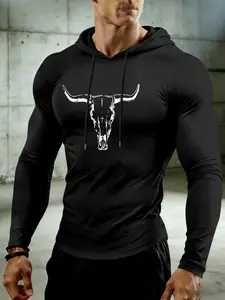 Men's American Vintage Bull Skull Print Fitted T-Shirt, Long Sleeve Protection, Hooded Design for Spring Fall Outdoor Training Athletic Workout, Athletic Hooded Shirts