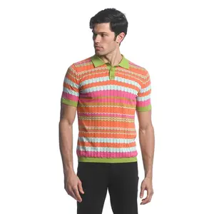 CITRUS/ ORANGE/ FUCHSIA CHEVRON  COTTON  3-BUTTON TEXTURED CHEVRON STRIPE KNIT POLO PM-16226