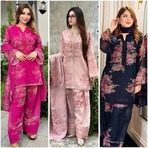 3 Color Farsi Salwar Pakistani Dress with Floral Pattern in Pink and Red hues