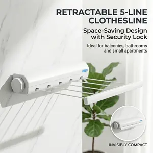 Retractable 5-line wall-mounted clothesline with safety lock, space-saving invisible design, ideal for balconies, bathrooms and small spaces