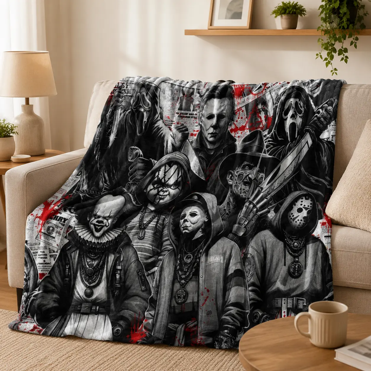 Horror Characters Flannel Blanket Spooky Halloween Icons Print Scary Movie Theme Soft Lightweight Polyester Plush Throw Blanket All Season Bedding Blanket for Bed Sofa Couch Bedroom Living Room Decor Birthday Gift