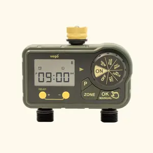Vego 2 Zone Sprinkler Timer with Brass Inlet- Watering Timer for Garden Hose with Dual Channel Programmable Rain Delay/Manual Watering/Automatic Irrigation - Water Hose Timer for Yard Lawn