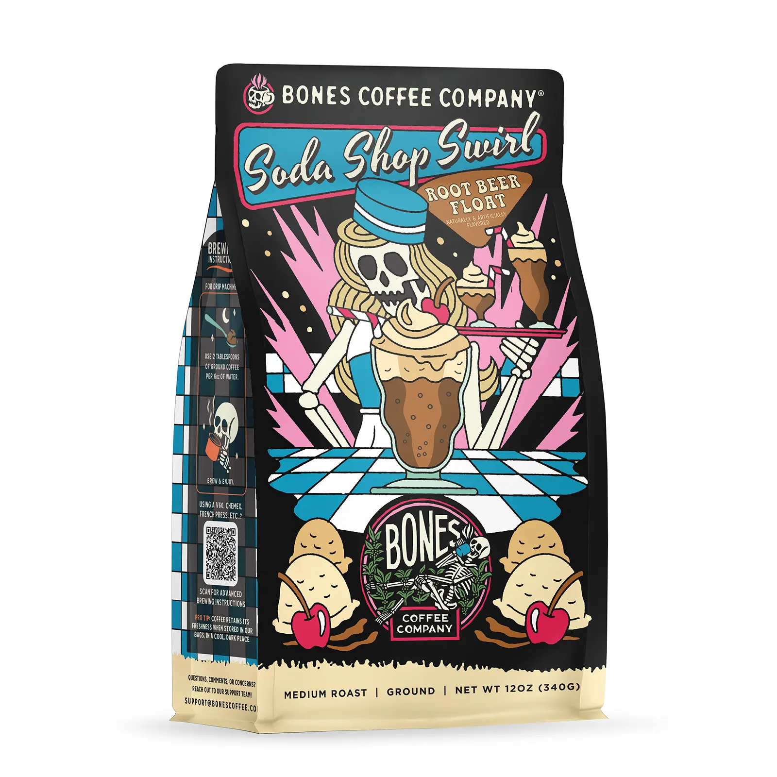 Bones Coffee Company |  Soda Shop Swirl Flavored Coffee | 12oz Ground Coffee