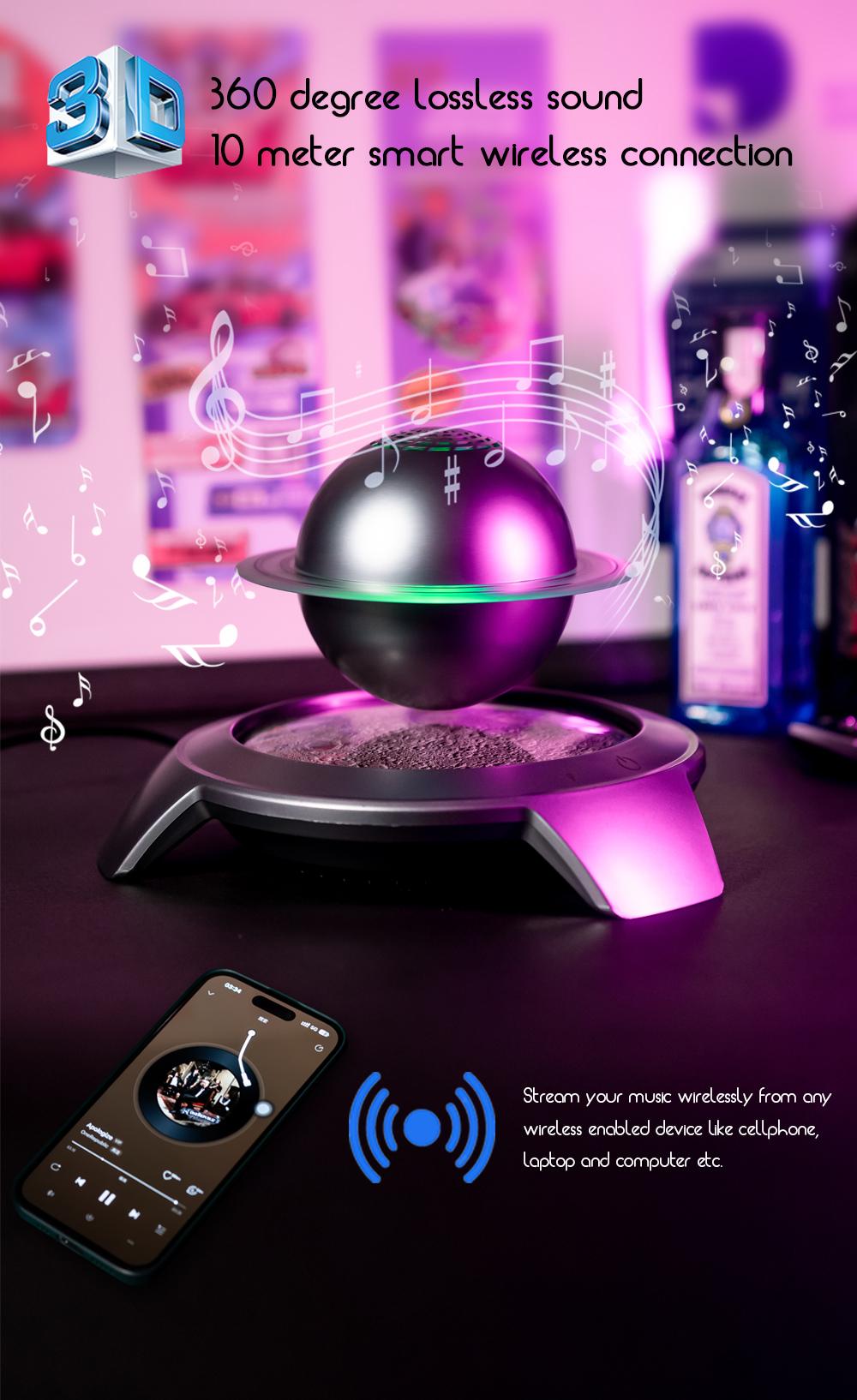 Bluetooth Speaker Magnetic Levitating Saturn Speaker, Floating Bluetooth 5.3 Speaker with LED Night Light, 360° Stereo Sound Wireless Speaker, Unique Tech Gift for Home Office Decor, Futuristic Space Themed Desk Ornament