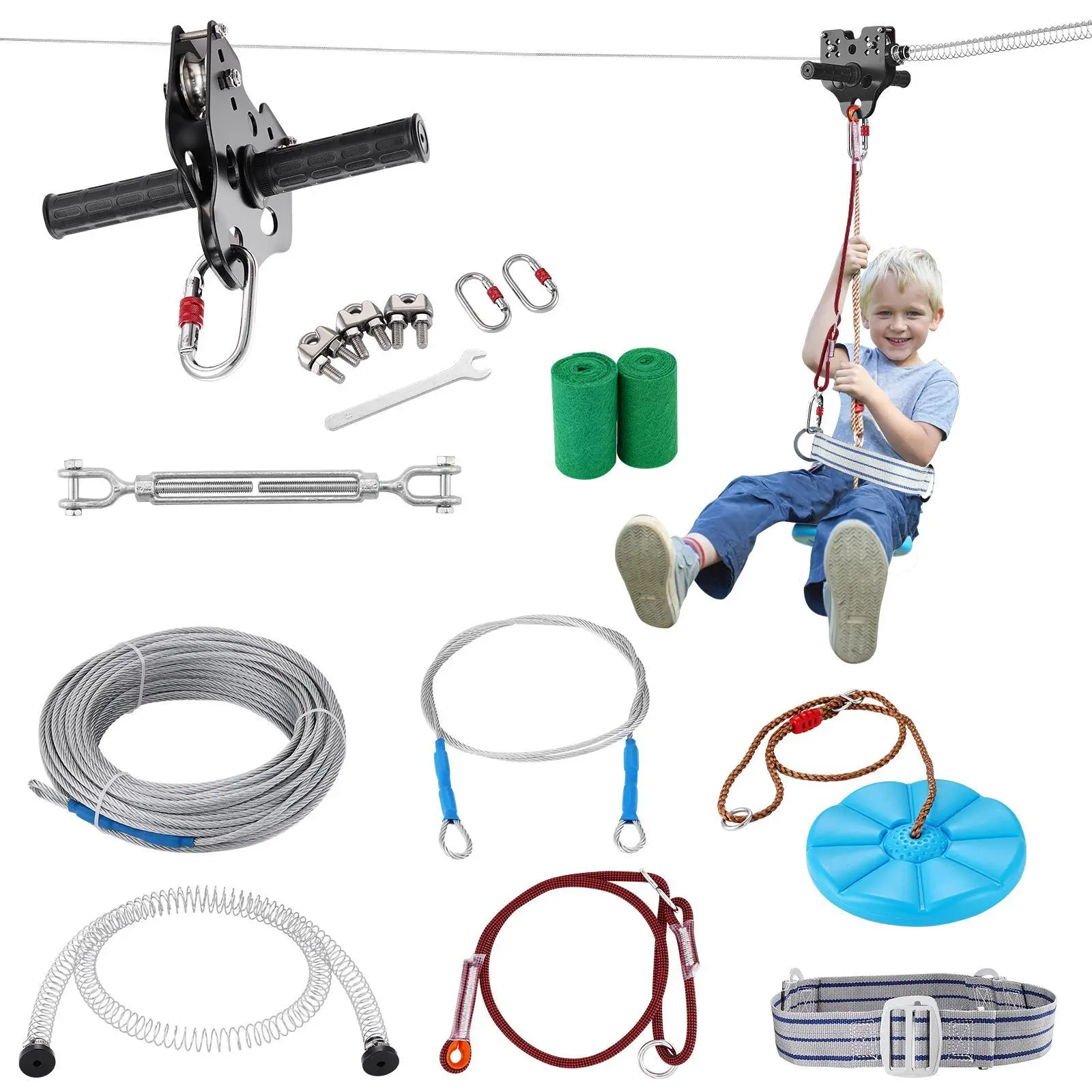 【Summerfinds】VEVOR Zipline Kit for Kids and Adult,  , 160 ft Zip Line Kits Up to 330 lb, Backyard Outdoor Quick Setup Zipline, Playground Entertainment with Stainless Steel Zipline, Spring Brake, Safety Harness, Seat