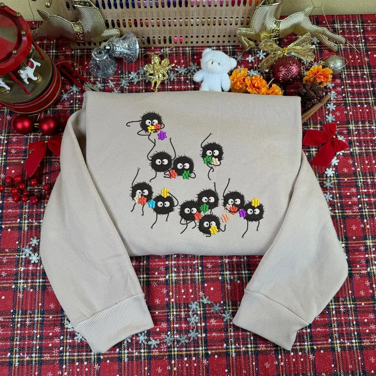Everything's Ghibli Studio Accessories Store - Soot Sprites Cute Embroidered Sweatshirt And Hoodie, Spirited Away Jumper, Fantasy Anime Inspired
