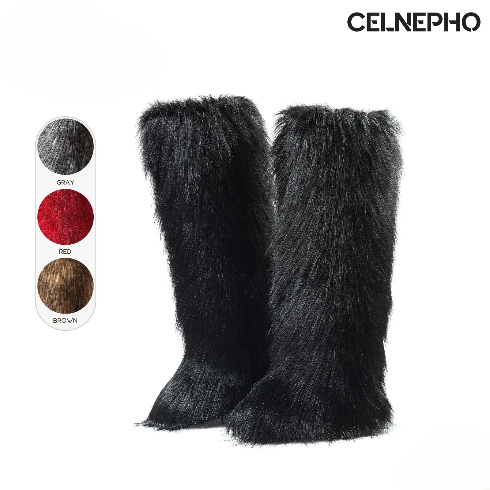 CELNEPHO Knee High Boots for Women Round Toe Faux Fur Snow Boot Flat Soft Plush Tall Long Booties Warm Fluffy Comfort Easy Pull on Party Outdoor Gift Date Skating Fashion Trendy Dress Shoes