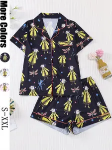 Women's Monkey Print Pajama Set, Short Sleeve Button Front Top & Elastic Shorts, Casual Home Wear, Comfortable Sleepwear, Loungewear