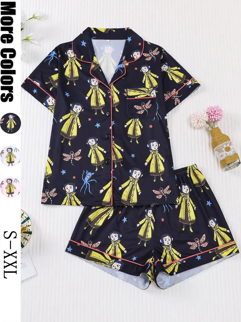 Women's Monkey Print Pajama Set, Short Sleeve Button Front Top & Elastic Shorts, Casual Home Wear, Comfortable Sleepwear, Loungewear