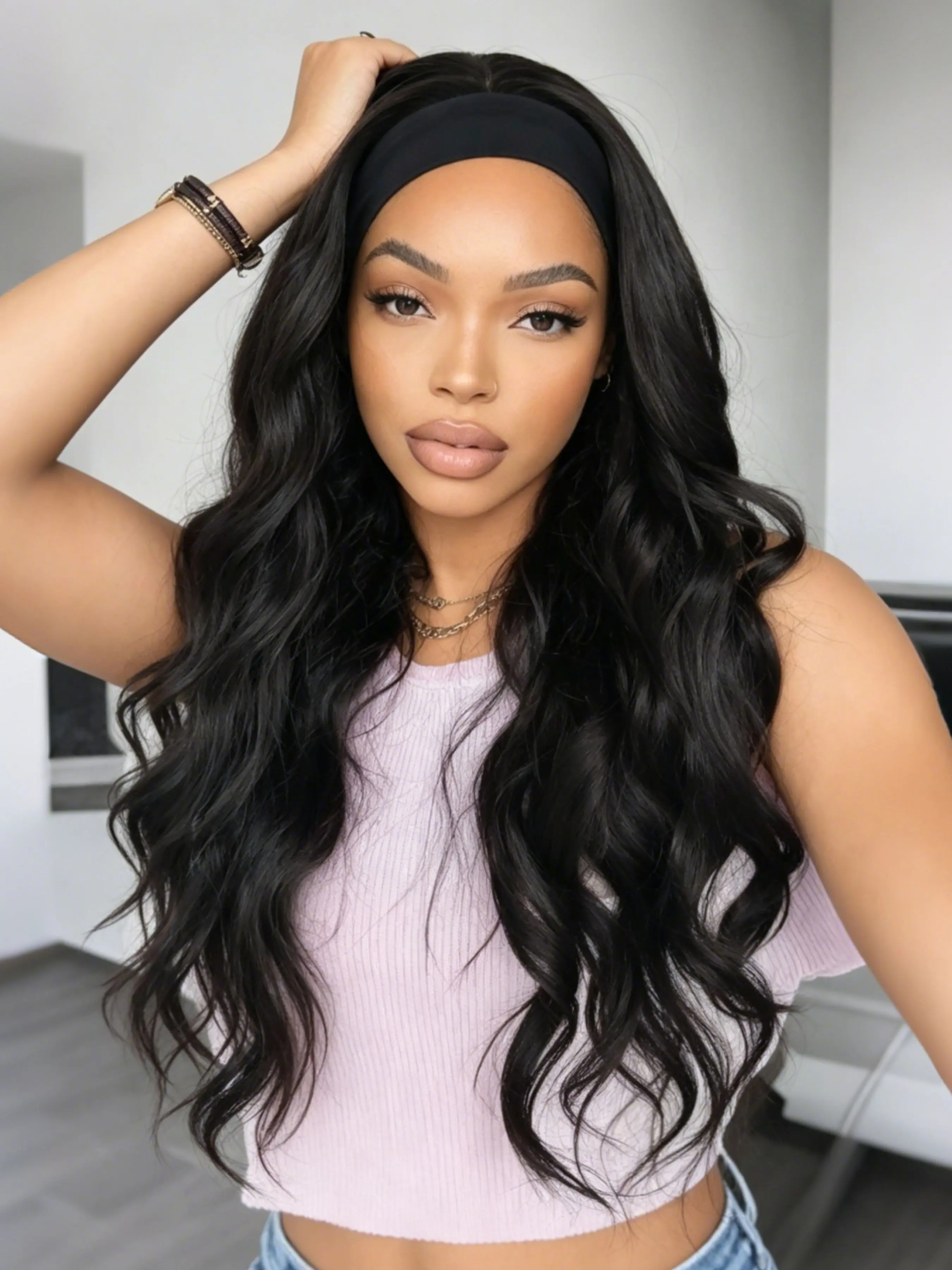 Women's 28 Inch Black Headband Wig, Long Curly Big Wave Glueless Synthetic Wig, Heat-Resistant Fiber, Natural Look, Beginner Friendly, for Daily Wear