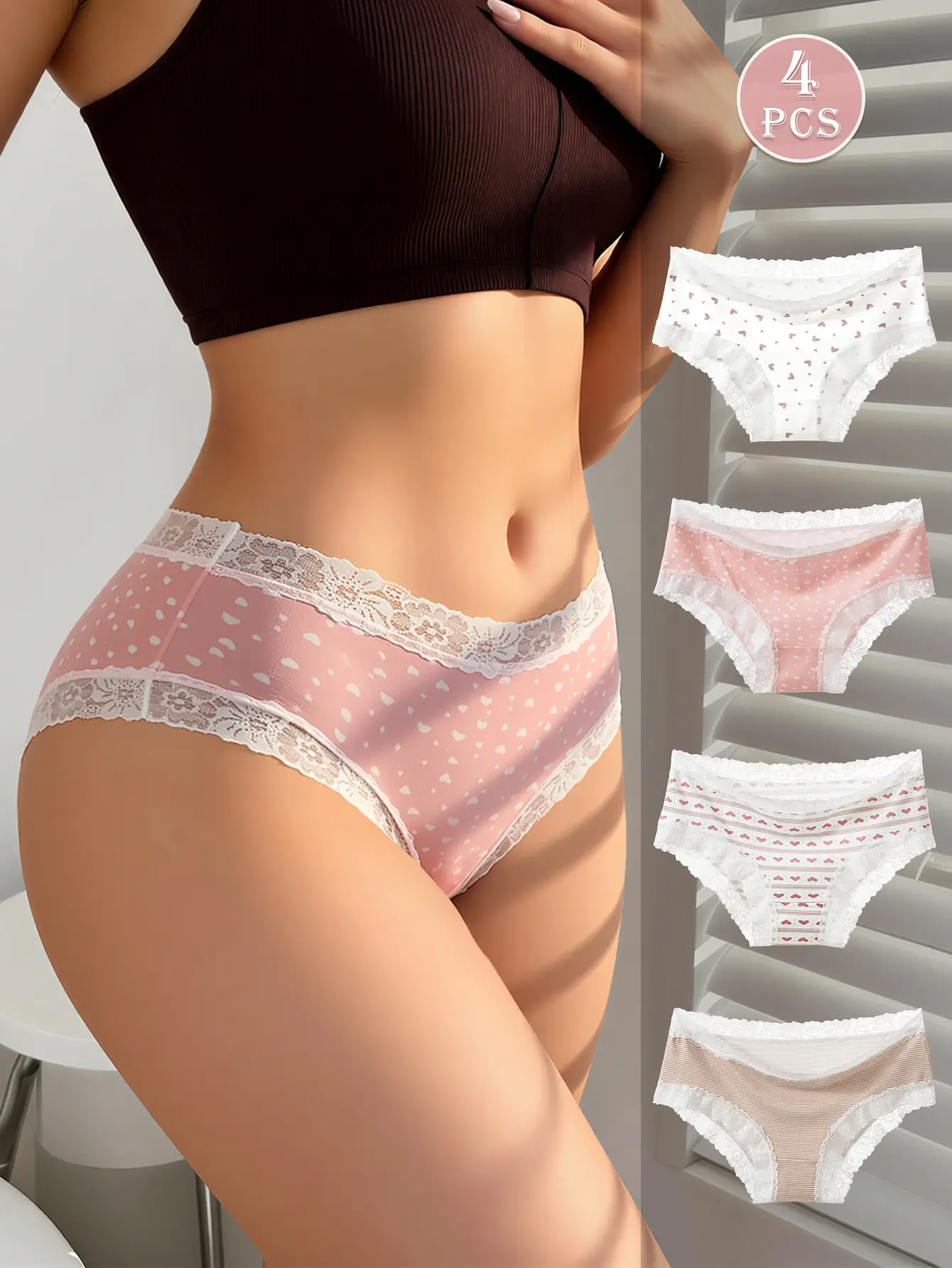 Hotcom Women's 4pcs Comfortable Panty Set - Cute Heart Print, Solid Contrast Lace, Breathable Knickers for Daily All-Season Wear (S-XXL),