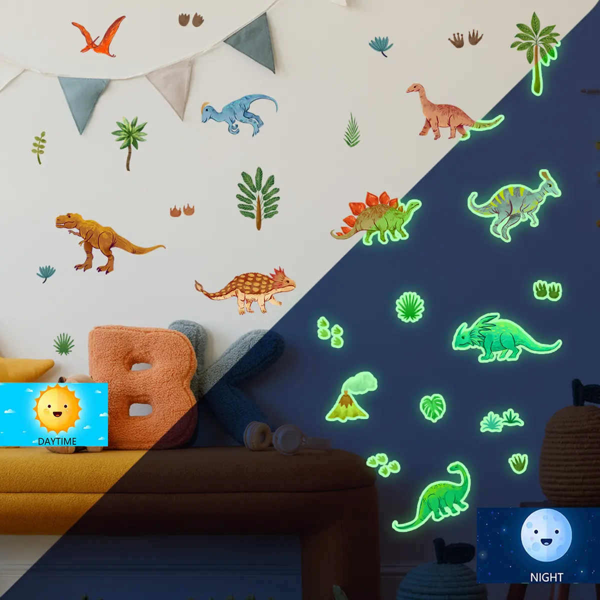 A set of three (20*30cm*3pcs) dinosaur, plant and volcano fluorescent Wall Stickers Decorations for living room, entrance, corridor home decoration and beautification. Self-adhesive. YCG16504-KX Luminous Decorative Wall Sticker