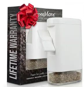 PepperMate Traditional Pepper Mill White - Adjustable Coarseness Grinder, Mess-Free Bottom Cap, Durable Ceramic Mechanism for Peppercorns, Salt & Spices