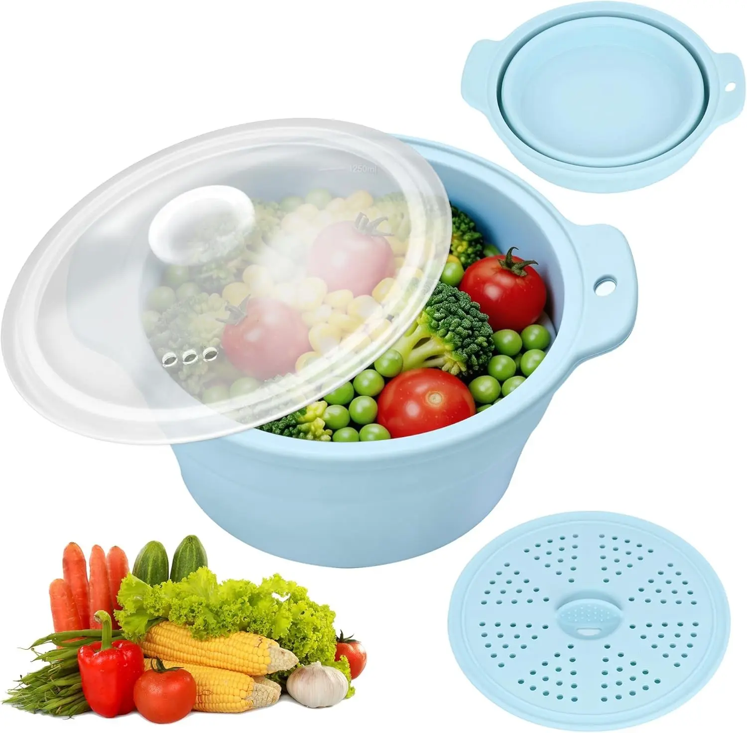 Microwave Vegetable Steamer, 42oz Large Collapsible Silicone Steamers With Lid & Removable Rack, Food-grade Veggie Steamer Basket for Broccoli, Dumplings, Fish, Dishwasher & Freezer Safe
