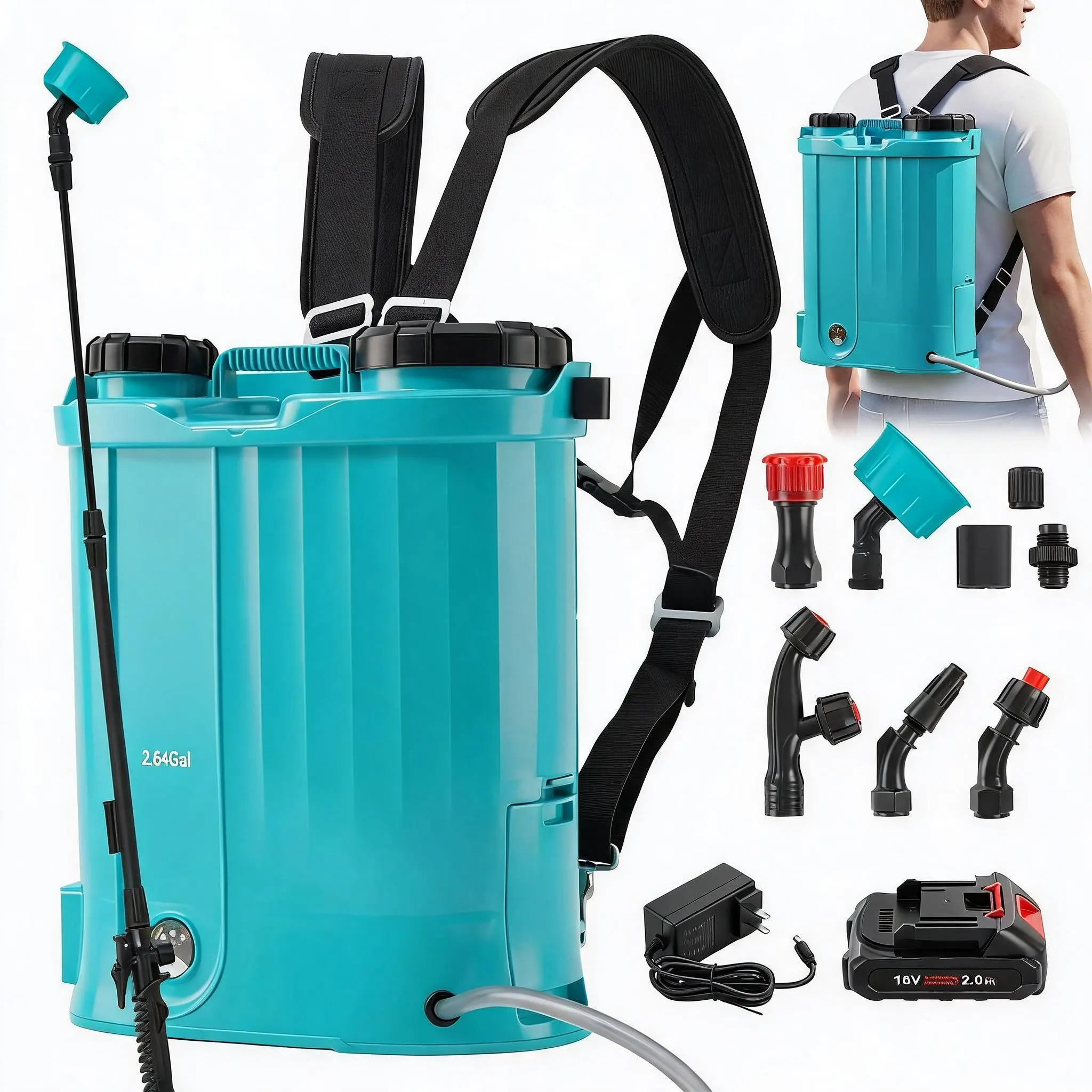 2.64 Gallon Battery Powered Backpack Sprayer, 0-65 PSI Adjustable Pressure, Electric Sprayer with 5 Nozzles and 1 Wands, Wide Mouth Lid for Weeding, Spraying