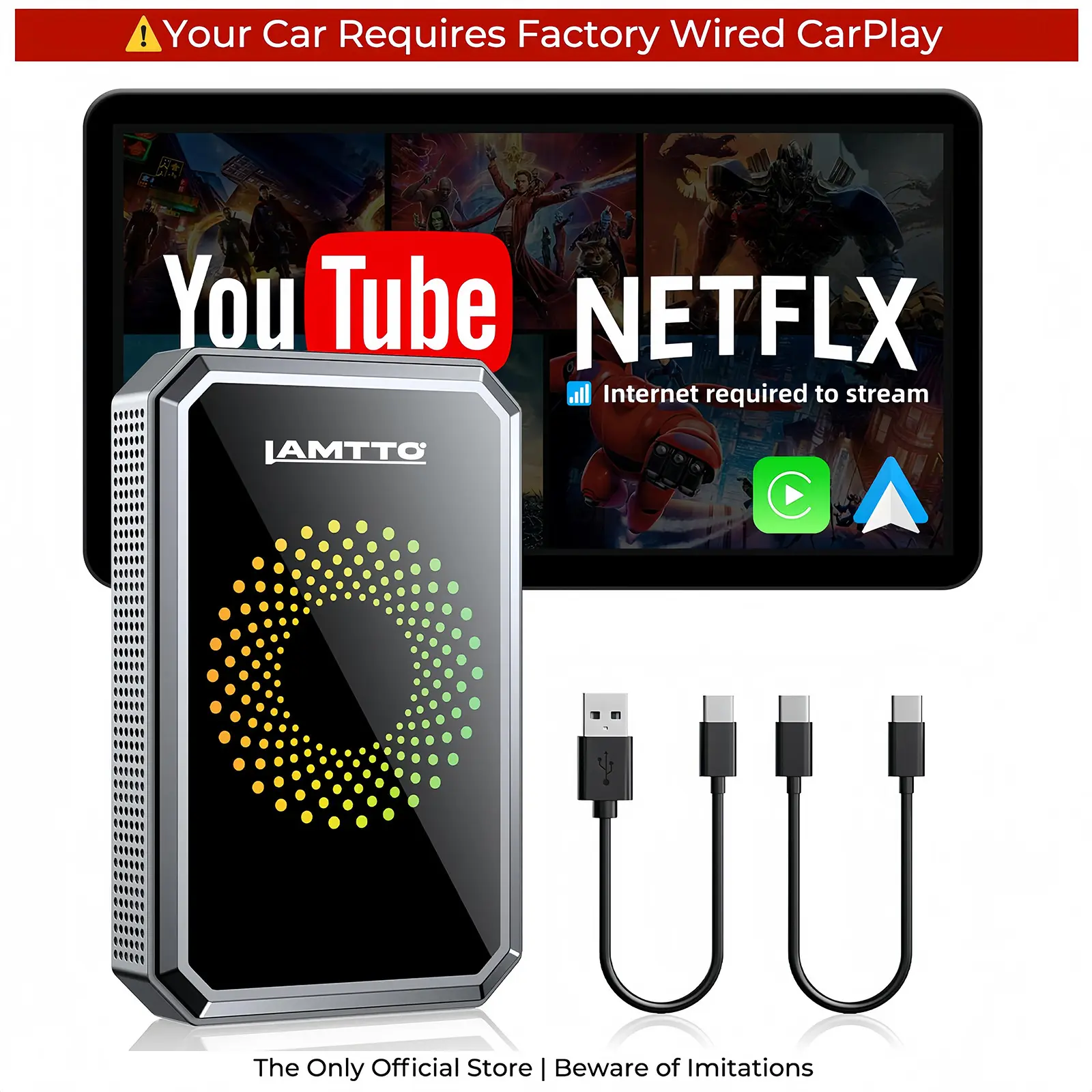 【️️CHECK COMPATIBILITY FIRST】LAMTTO 2026 Wired CarPlay to Wireless Adapter - Stream Netflix/YouTube/TikTok on the Touchscreen : Hotspot   Required , ONLY for Wired CarPlay/AA Vehicles - NOT for Wireless CarPlay |   Summer Essential  Car Accessories