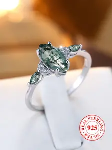 S925 Sterling Silver Green Moss Agate Ring, Marquise Ring, Engagement Ring for Women, Fashion Jewelry for Party, Daily Clothing Decor, Trendy All-match & Exquisite Jewelry for Birthday Gift