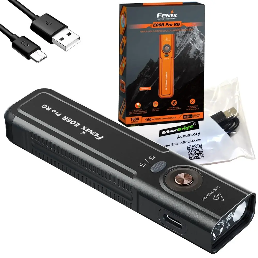 Fenix E06R Pro RG 1600 Lumens Flat Rechargeable EDC Flashlight with Red Beam 5-in-1, Mood Light, Spotlight/Floodlight w/EdisonBright chg Cable