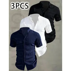 3pcs Men's Summer Short Sleeve Shirts, Lightweight Breathable Plain Solid Color Button-Up Casual Menswear Tops with Stand Collar, Casual Attire, Low-Cut Neckline Shirts for Beach, Pool Parties and Vacation, Gift for Husband