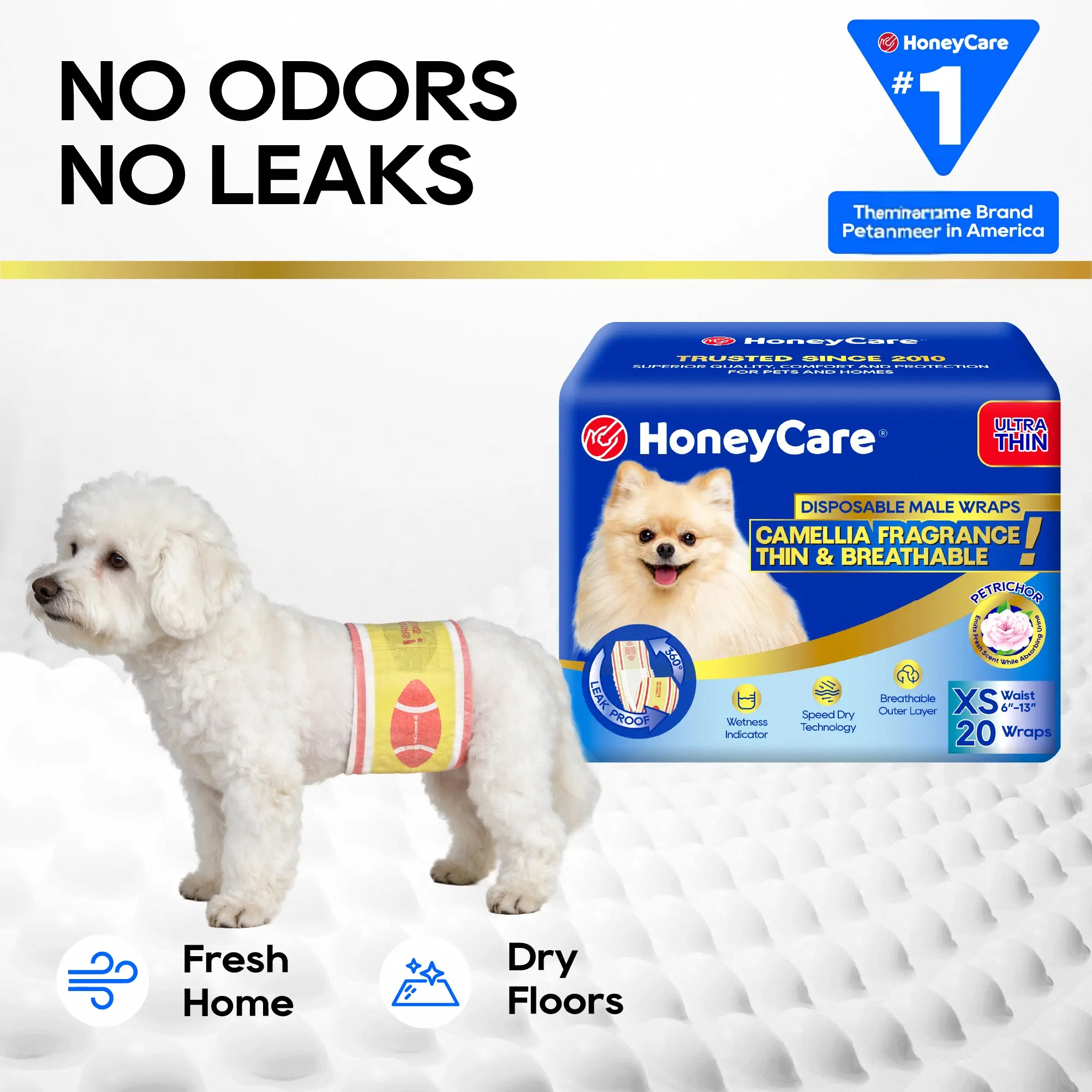 [E] HoneyCare Petrichor Male Dog Diaper Wraps - Absorbent Liner Nappies, Camellia Fragrance, Fresh Scent, Thin & Breathable, 4-in-1, for Summer Pet Lovers