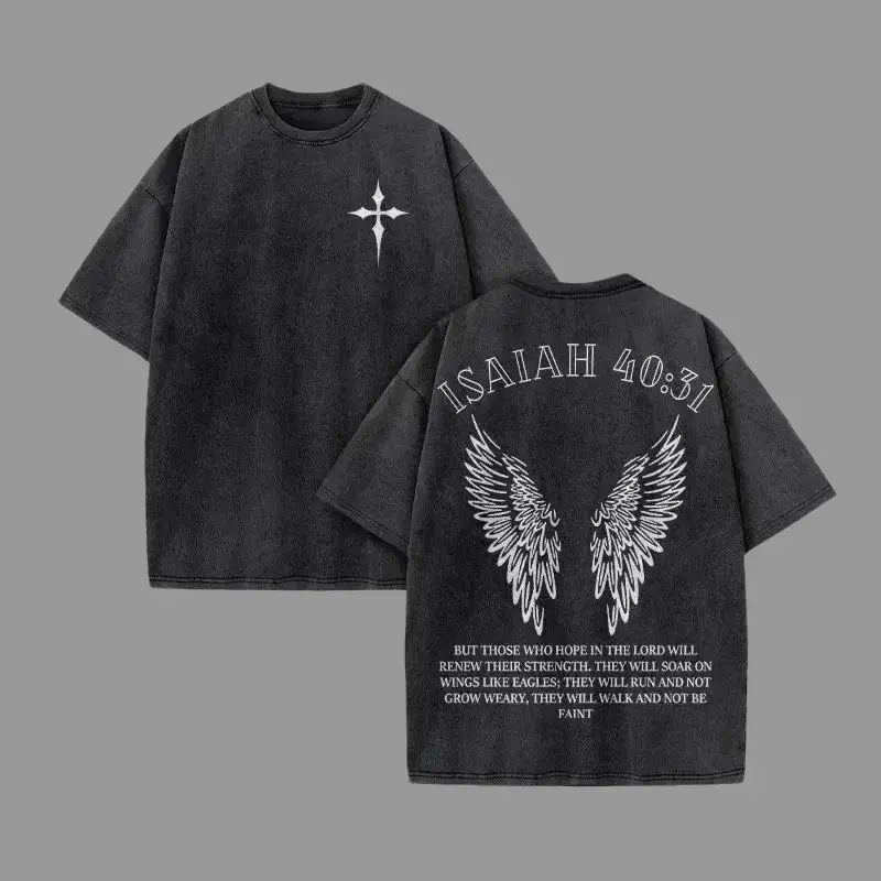 Men's Retro Casual Baggy Vintage Washed Cotton Short-Sleeve Graphic T-Shirt with Eagle Wings and Cross Print - Menswear Top, Shortsleeve