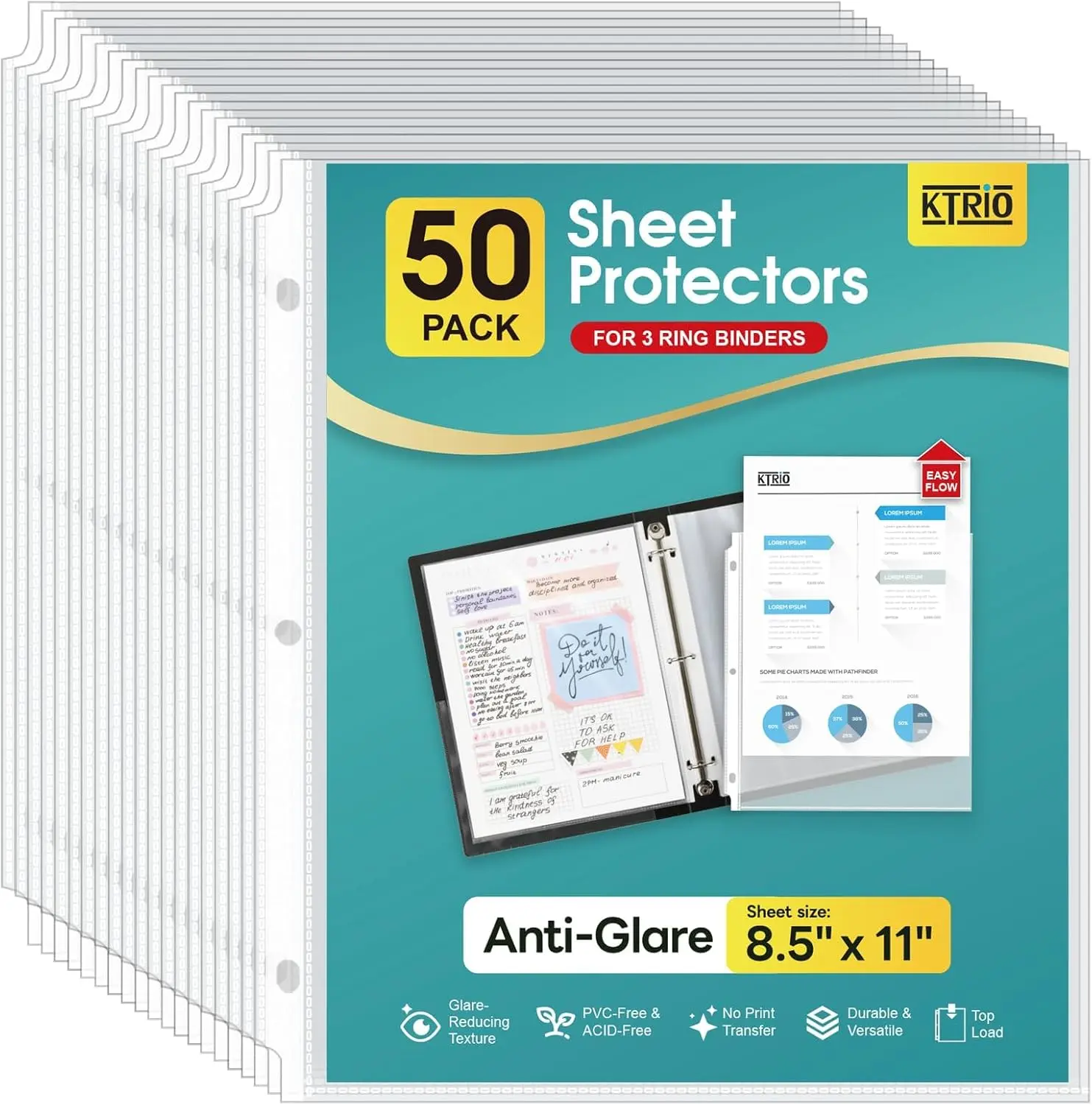 KTRIO Sheet Protectors for 3 Ring Binder, Non Glare Clear Page Protector, Plastic Document Sleeves Fits Standard 8.5 x 11 Paper, Top Loading, Acid Free