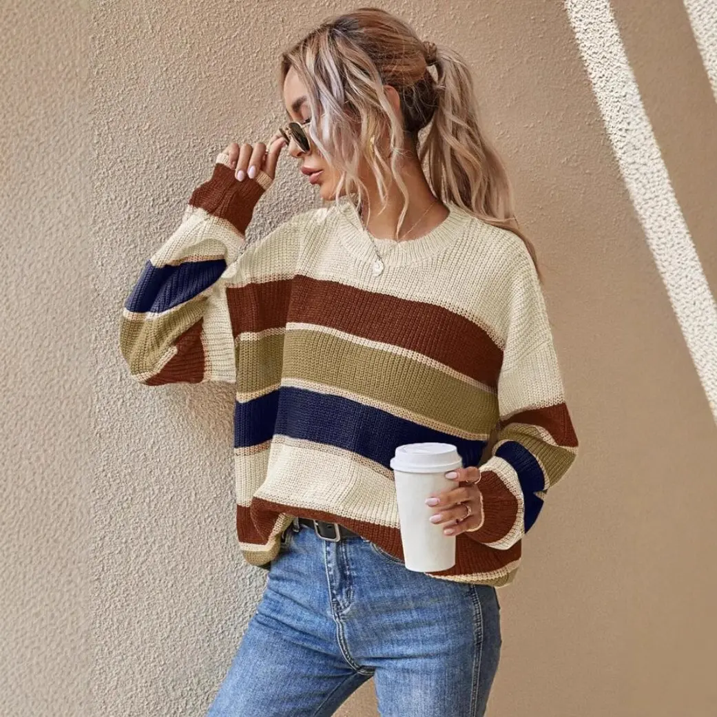 BIGWIG women's colorblock striped print drop shoulder sweater, autumn and winter casual long-sleeved round neck pullover, fashionable women's daily sweater, loose striped pullover, elegant women's knitted sweater, regular top