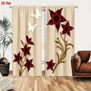 2D Flat Beige Background with Dark Red Star Flowers White Butterfly Cutouts Decorative Curtain 2-Piece Set, Artistic Swirling Patterns Floral & Butterfly Design, Elegant for Living Room Bedroom Window Drapes