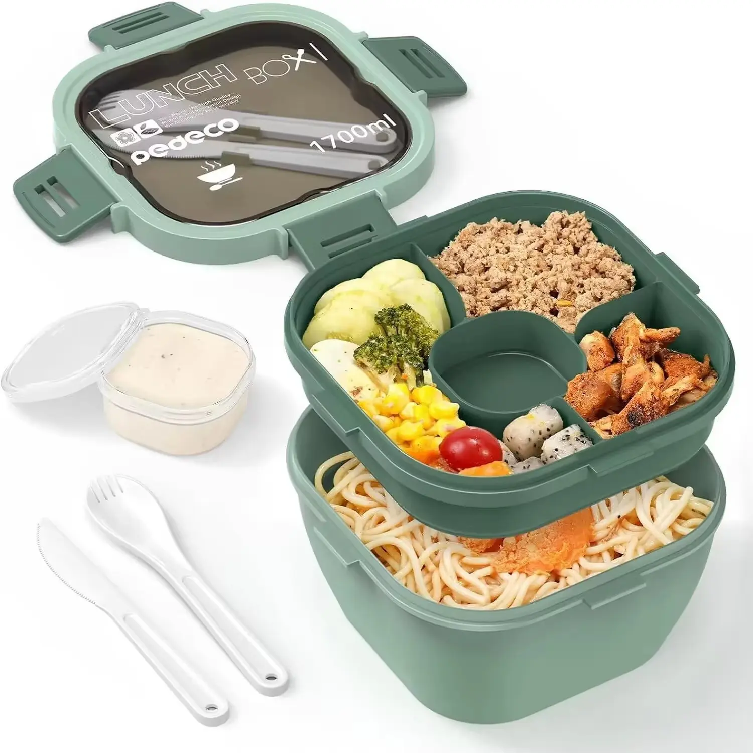 All-In-One Salad Container, Large Salad Bowl, Bento Box Tray, Leak-Proof Sauce Container, Dishwasher Microwave Safe, Reusable Food Storage, Microwavable Bento Box, Leakproof Bento Box, Leakproof Lunchbox, Leakproof Food Containers
