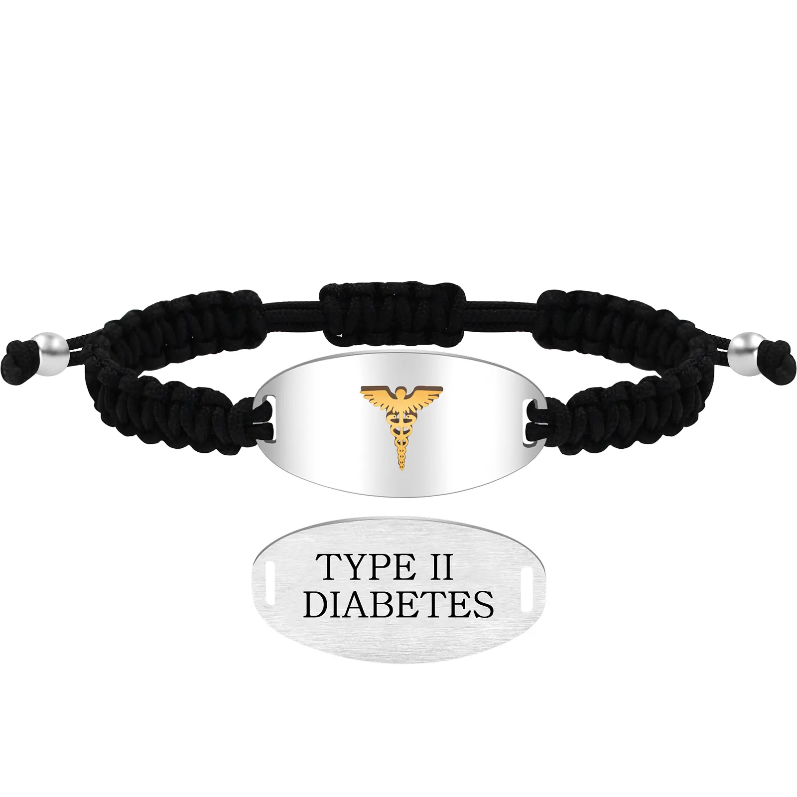 Uloveido Medical Alert Bracelet for Men Women, Stainless Steel ID Bracelet with Dynamic QR Code or Pre-Engraved Medical Condition Options, Black Braided Rope Emergency Medical ID Bracelet with Caduceus Symbol
