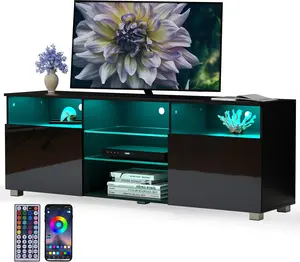 High Glossy LED Black TV Stand for 55/60/65/70/75/80/85/90/95 inch TV,Modern LED Entertainment Center with Adjustable Storage Shelves,Game Console Entertainment Center,TV Table Media Furniture (Black)