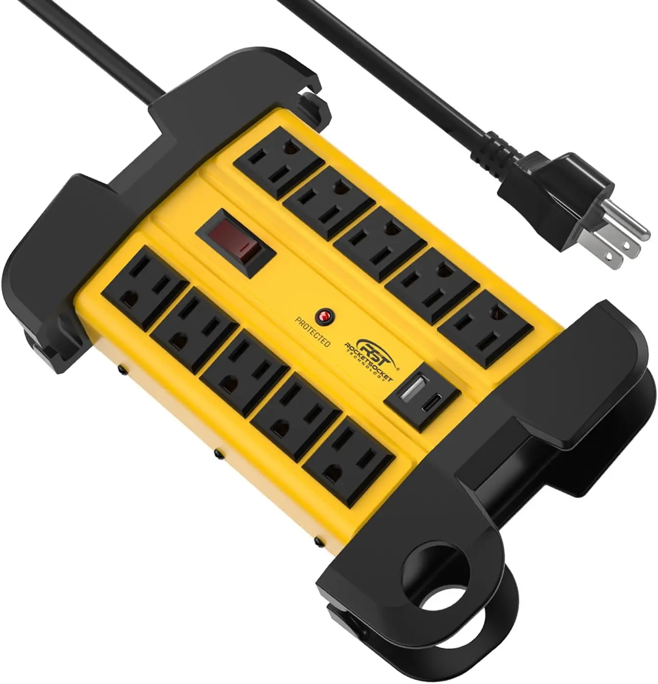 CRST Metal Surge Protector Power Strip with Cover & Accessories - 10 Wide-Spaced Outlets, USB Charging, 2800J Protection, 15ft Cord, Cord Wrap, Wall Mount Capability, Compact for Devices