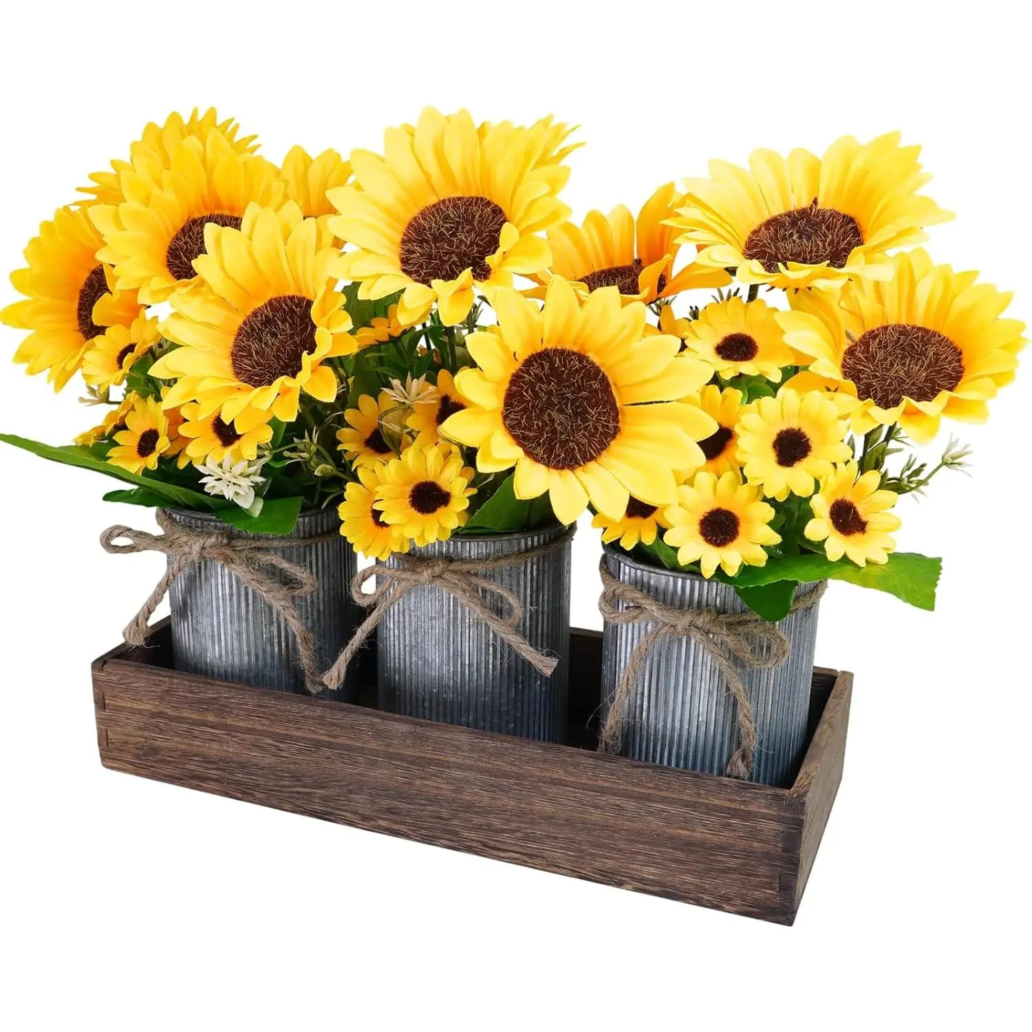 11" Silk Artificial Sunflower Floral Set (3 Pcs) with 7.1" Wide Rectangular Tray, Rectangle Wooden Planter, Metal Tin Pot Centerpiece, Green Foliage, 4.3" Tall Farmhouse Decor, Dining Room Table Arrangement, Gift Box Included