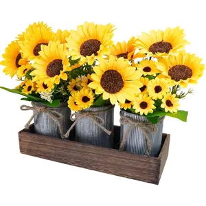 Set of 3 Artificial Sunflowers Metal Pot Centerpiece Farmhouse Sunflowers Floral Arrangements with Rectangle Wooden Planter 11" for Rustic Wedding Spring Summer Home Kitchen Table Shelf Décor