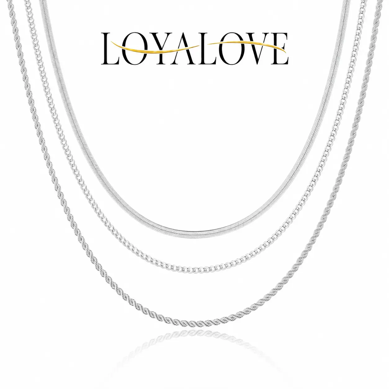 LOYALOVE 3-Piece Layered Necklace Set for Women, Sterling Silver-Plated Herringbone, Rope & Link Chains, Hypoallergenic, Tarnish-Resistant