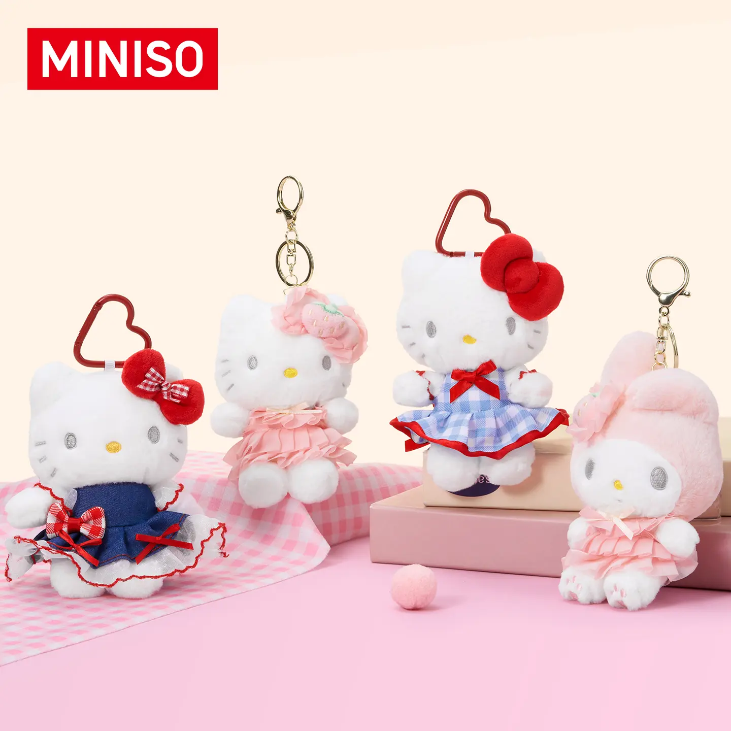[Back to School] MINISO Sitting Melody Strawberry Tower & Sitting Hello Kitty Keychain Charm & Plush Doll, Available In Plaid Denim, Blue Pastoral, Strawberry Tower Styles, Cute Cartoon Bag Pendant, Kawaii Accessory, Perfect School Bag Decor & Daily Gift