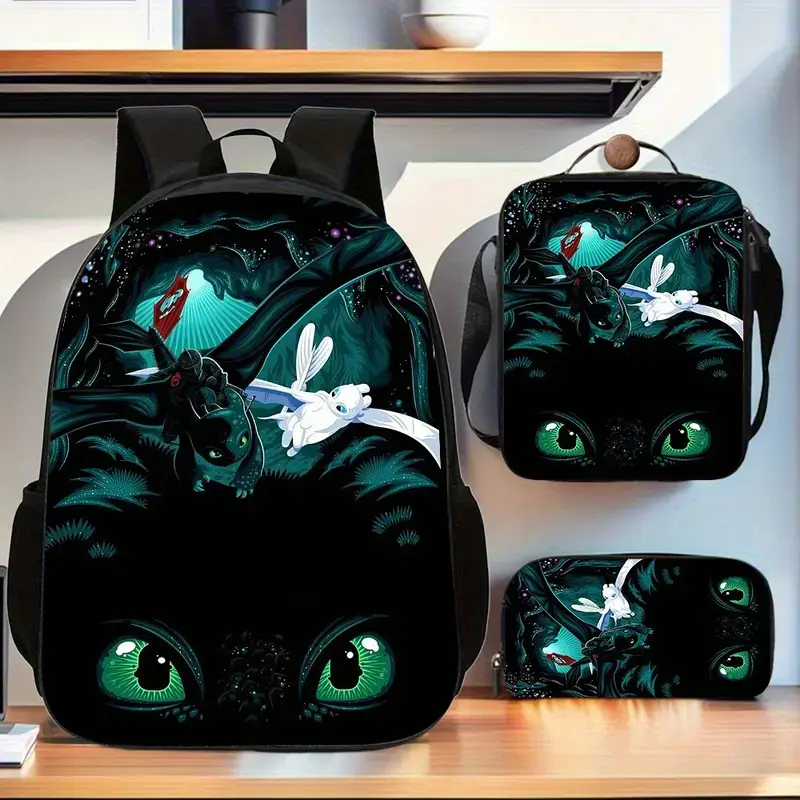 Kids' 3-Piece Backpack Set, Dark Fantasy Toothless & Light Fury Waterproof School Bag with Thermal Insulated Lunch Box & Pencil Pouch, Dragon Art, Safe Ink, Polyester, Unisex, Toothless Eyes, 3-Pieces