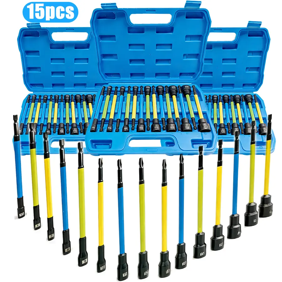 15pcs Extra Long Nut Driver Bit Set, Metric Magnetic Nut Driver Set  Premium Impact Power Hex Nut Driver Drill Bit Master Kit Cr-V Steel