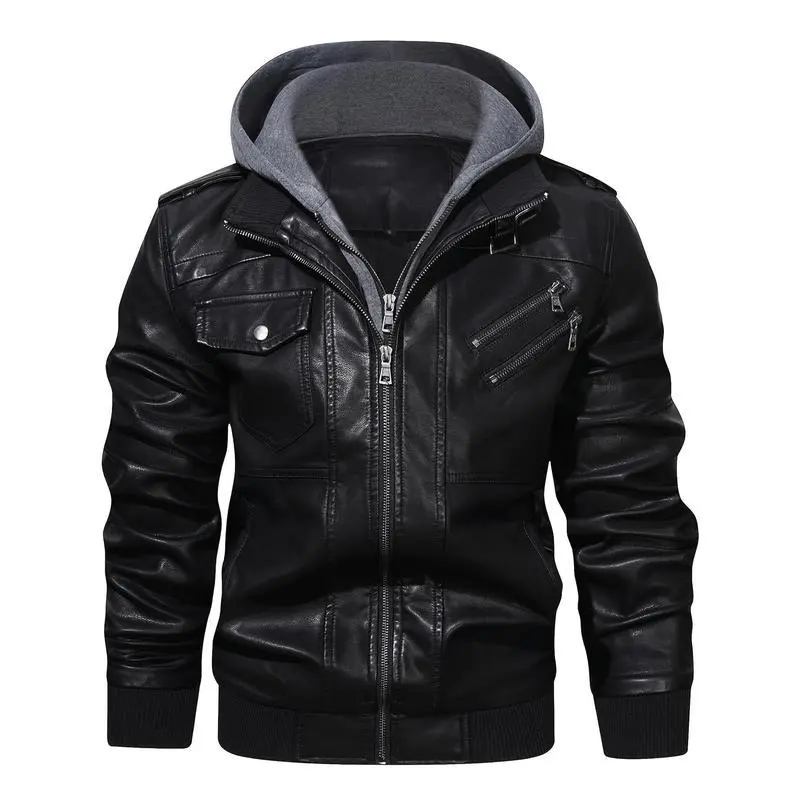 Premium Mens Hooded Leather Jacket - Fashionable Biker Style with Chic Multi Pockets, Durable Soft-shell for Casual Comfort(gift)