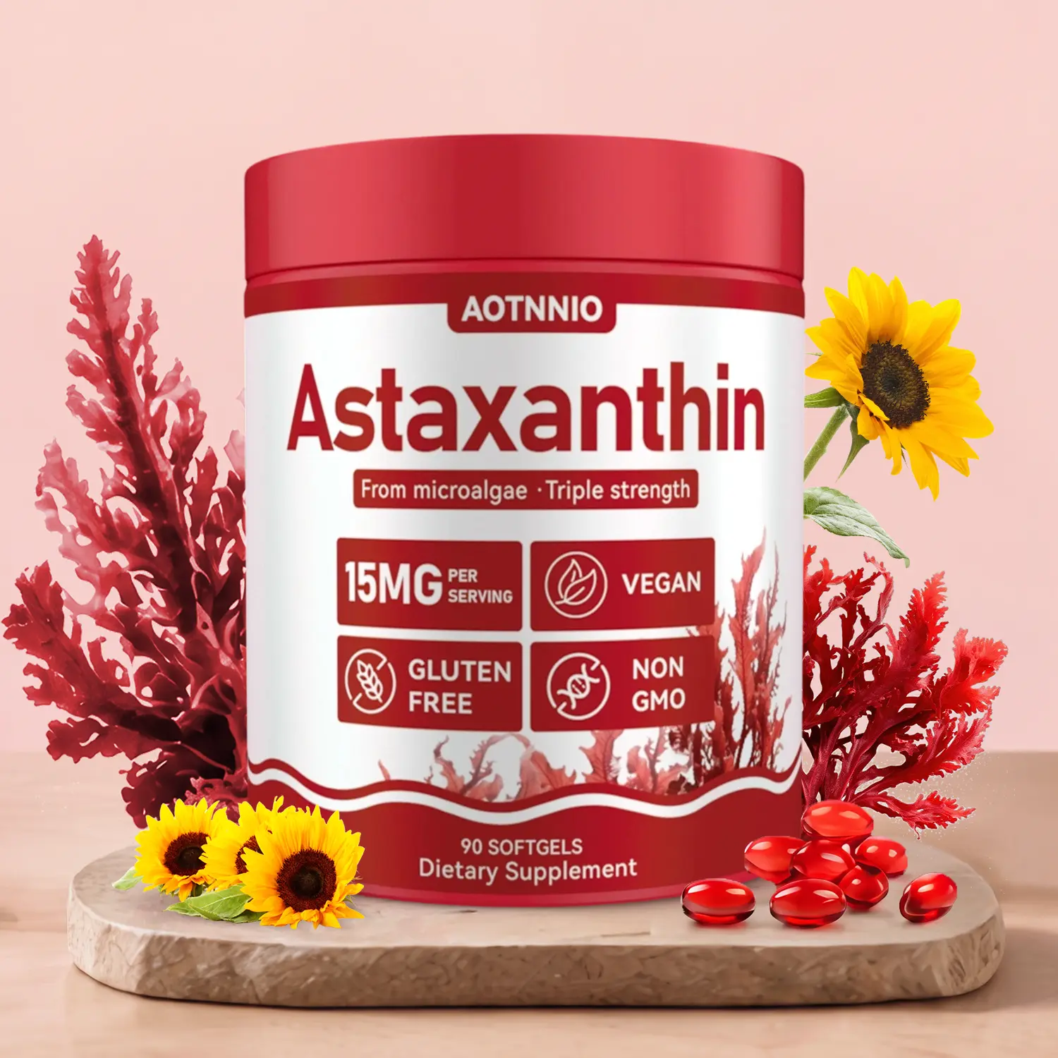 Premium Astaxanthin 15mg , Fresh Microalgae Source | Skin, Eye & Metabolism Support | Dietary Supplement for Men & Women, 90 capsules