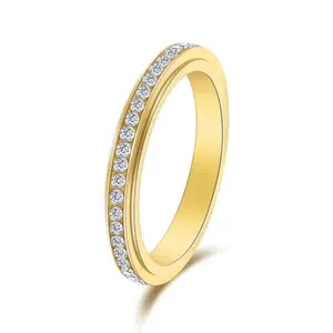 Stainless Steel Pave Ring - 1-Pc Retro Light-Luxury European-Style Elegant Geometric Glitter Rotatable Band Ring, High-End Party Wear Fashion Accessory, Sizes 6-12