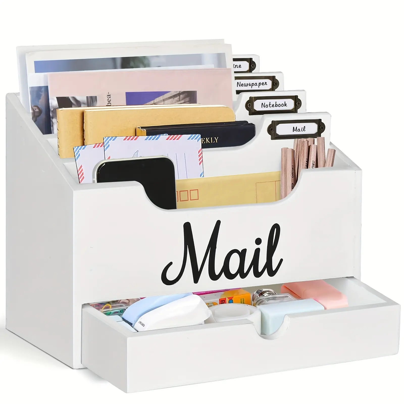 Minimalist Large Desktop Solid Wood Mail Organizer - Compartmentalized 4-Section Storage with Drawer, Labelable Dividers, Document Storage for Office, Ideal Gift for Students