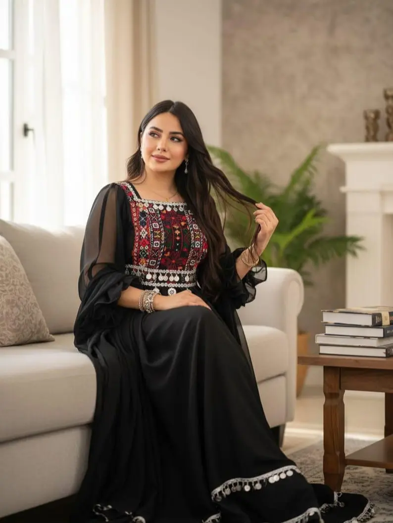 Afghan Traditional Dress for Women, Black Georgette Kuchi Embroidered Maxi Dress for Wedding & Eid Womenswear Party Formal Embroidery Elegant Elegance