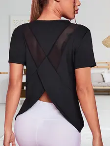 Yoga Women's Sporty Loose-Fit Breathable Quick-Dry Short-Sleeve Training Fitness Shirt, Gym Workout Tops, Athletic Yoga Tops, Mesh Back Design, Summer Knitted Outer Shell, Age Above 65
